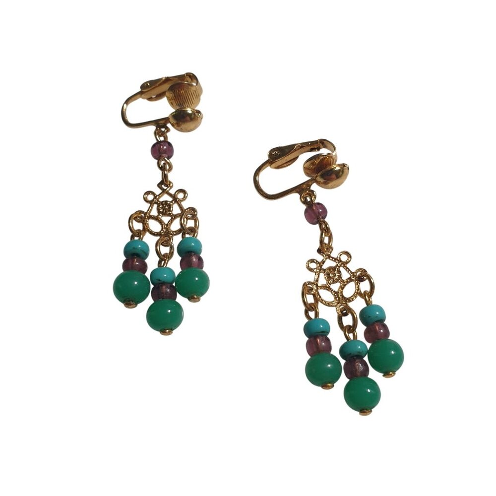 Vintage Gold Tone Clip On Earrings Beaded Dangle Filigree Design Multicolor Gree